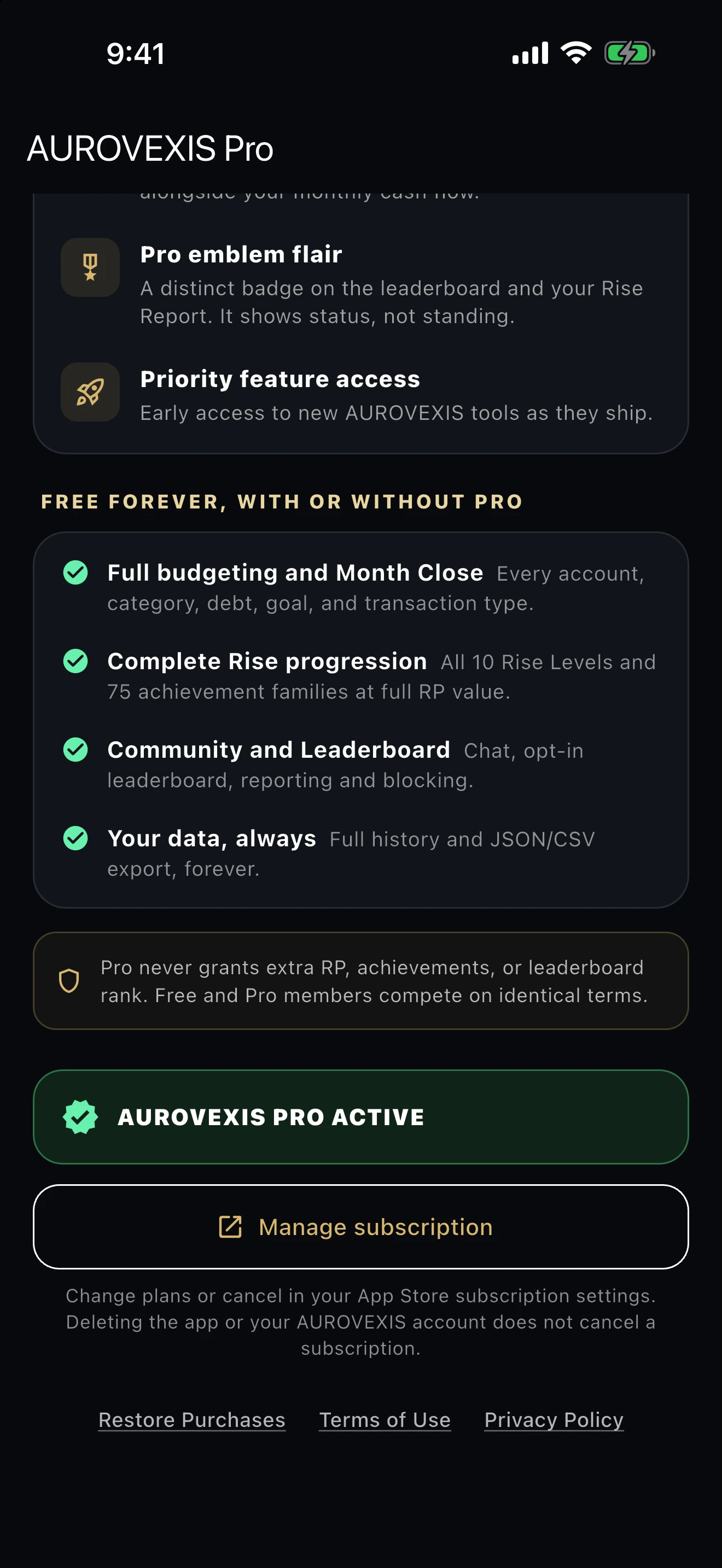 Development screen listing free budgeting, Month Close, Rise progression, Community, leaderboard and exports, alongside a sample active Pro membership.
