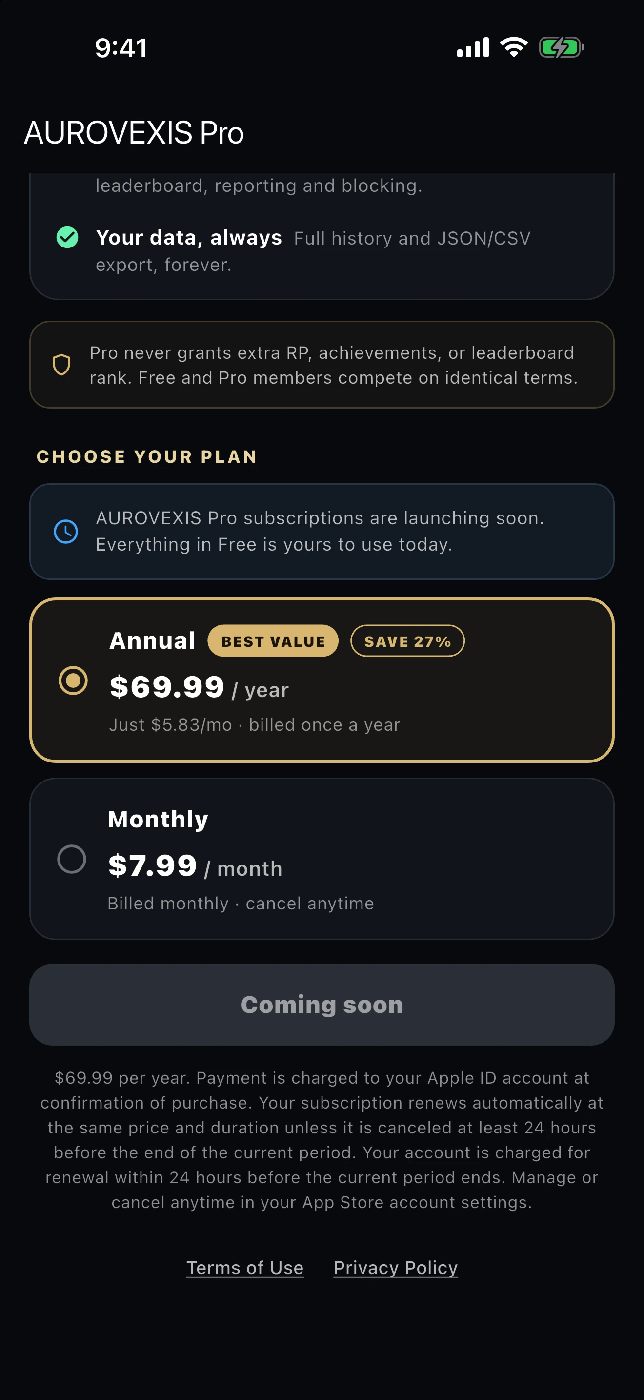 AUROVEXIS plan screen showing annual and monthly preview pricing with subscriptions marked Coming soon.